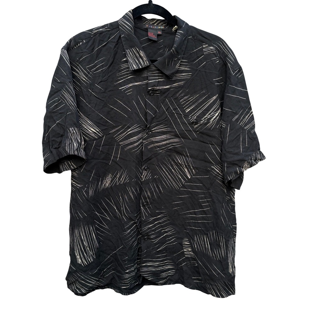 Tulliano Vintage Mens XL Black 100% Silk Abstract Pattern Short Sleeve Shirt